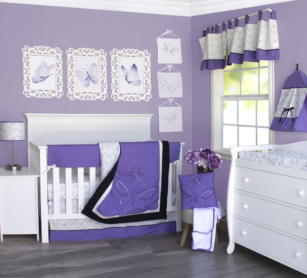 Purple Butterflies and Dragonflies 9 Piece Baby Crib Bedding Set by Pam