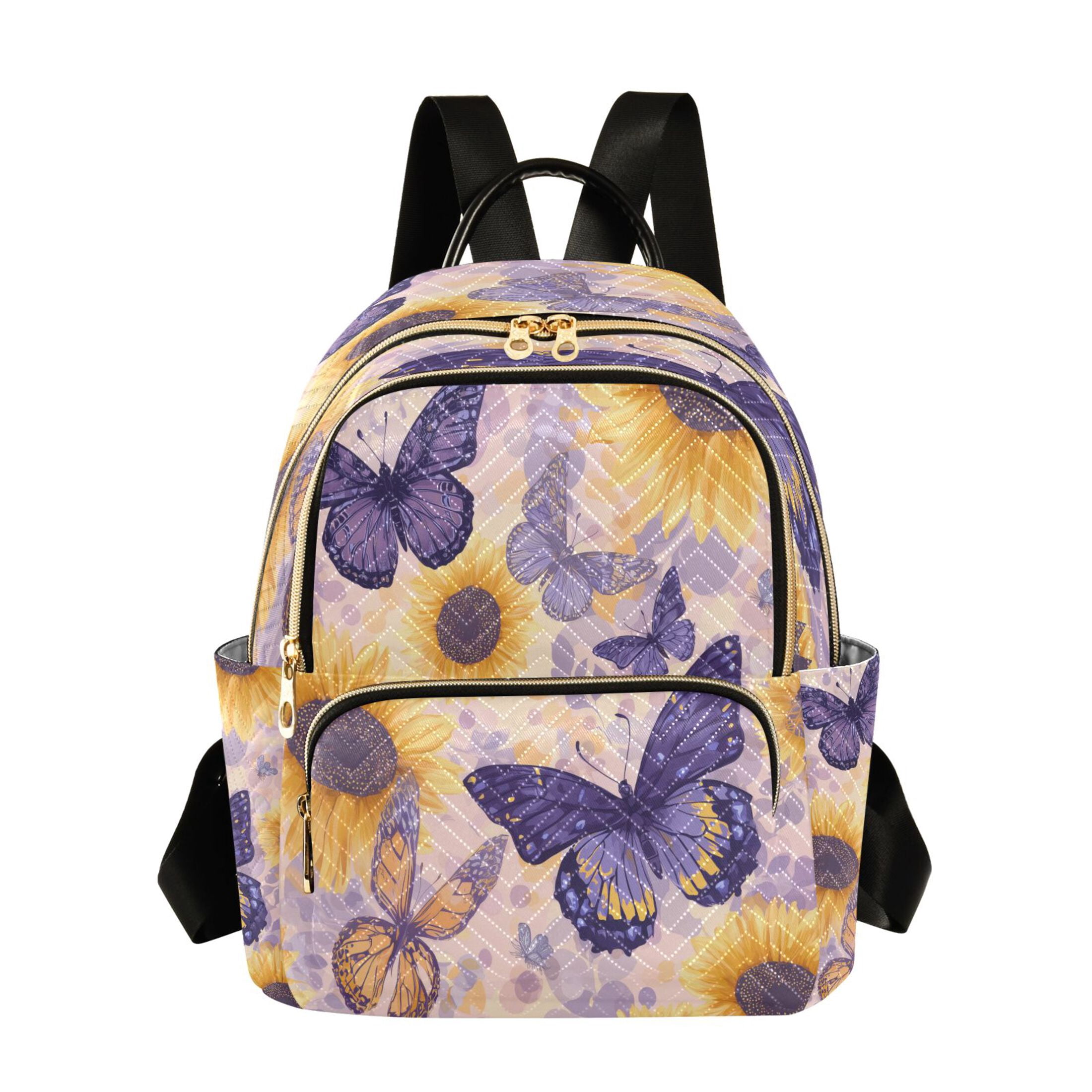 Purple Butterflies with Sunflowers Quilted Backpack Fashion Daypack Commuter Bag for Women 14 L