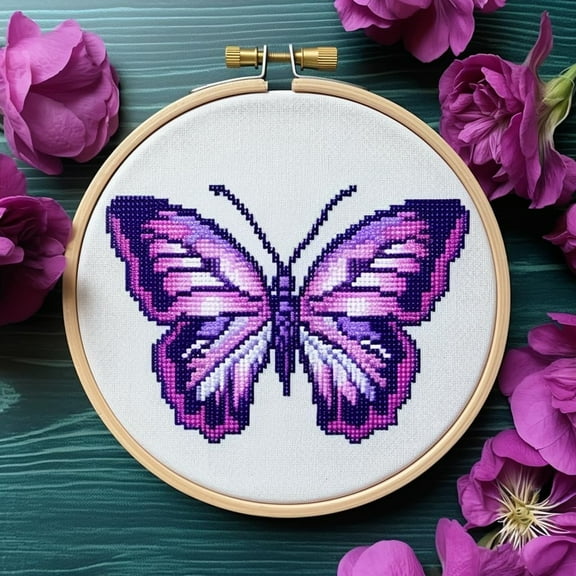 Purple Butterfly 11CT Stamped Cross Stitch Kits Easy for Beginners Child with Hoop DIY Needlepoint Counted Embroidery Kits Art Craft Wall Decor 12x12IN(3)