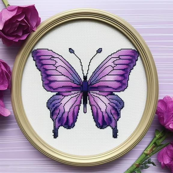 Purple Butterfly 11CT Stamped Cross Stitch Kits Easy for Beginners Child with Hoop DIY Needlepoint Counted Embroidery Kits Art Craft Wall Decor 12x12IN(5)