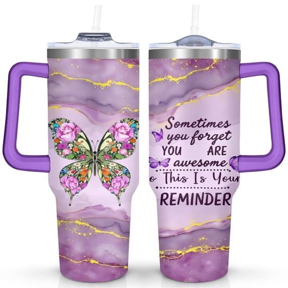 Purple Butterfly 40 Oz Tumbler with Handle Lid and Straw, Stainless Steel Double Walled Vacuum Insulated Cup, Cute Anniversary Wedding Birthday Gifts Tumbler for Women Men Friends Outdoor Indoor
