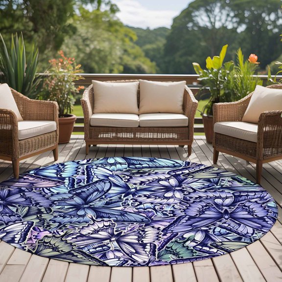 Purple Butterfly 8ft Round Rug for Open Concept Living Room Seating Zone, Gradient Overlay Abstract Art Washable Non Slip Large Circle Area Rug