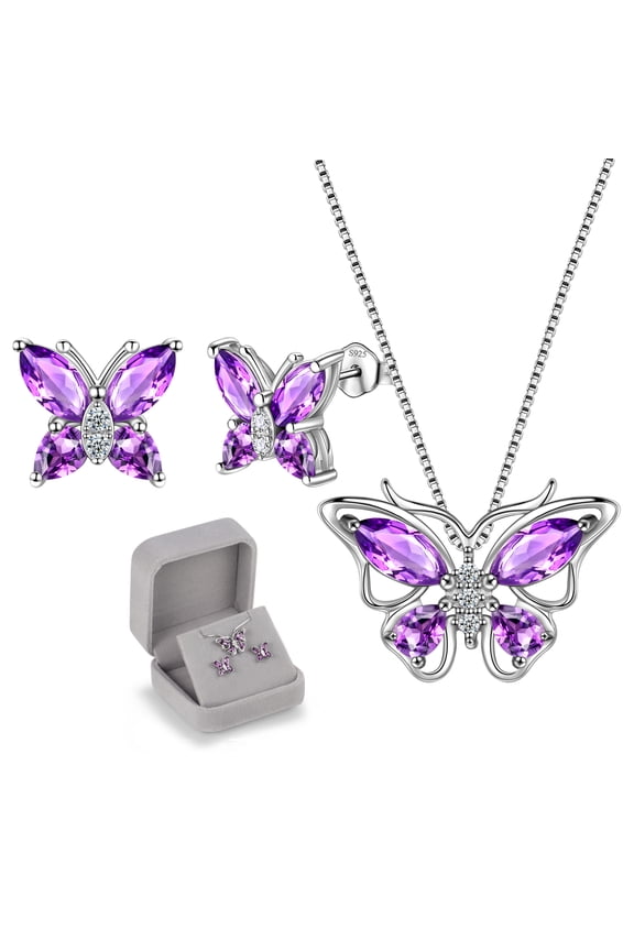 Purple Butterfly Jewelry Amethyst February Birthstone Jewelry Set Fine Necklace/Earrings 925 Sterling Silver Women Birthday Mother's Day Gifts