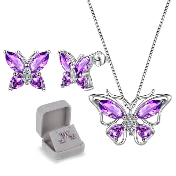 Purple Butterfly Jewelry Amethyst February Birthstone Jewelry Set Fine Necklace/Earrings 925 Sterling Silver Women Birthday Mother's Day Gifts