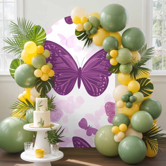 Purple Butterfly Arch Backdrop Cover, 5FT, Pink Bug Modern Art Cartoon Style Spandex Arch Covers Double-Sided Backdrop for Wedding Birthday Party Photo Background Decoration