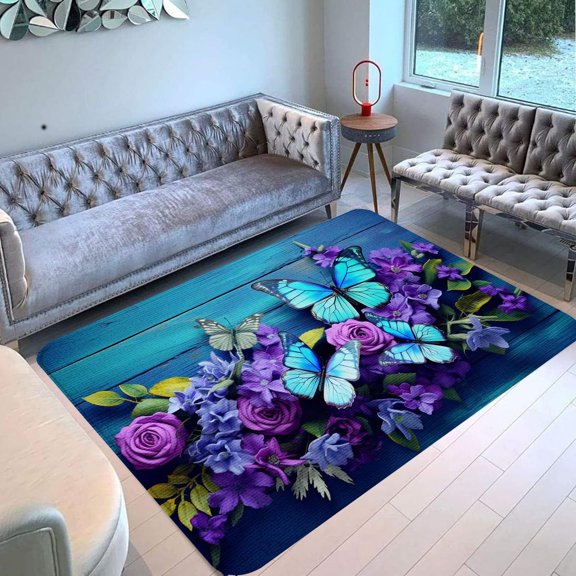 Purple Butterfly Area Rug Rectangle Area Rug, Area Rug for Living Room & Bedroom, Low‑pile, Non‑slip Backing, Modern Minimalist Style, Noise‑reducing & Floor‑protecting