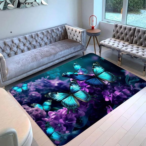 Purple Butterfly Area Rug Rectangle Area Rug, Area Rug for Living Room & Bedroom, Low‑pile, Non‑slip Backing, Modern Minimalist Style, Noise‑reducing & Floor‑protecting