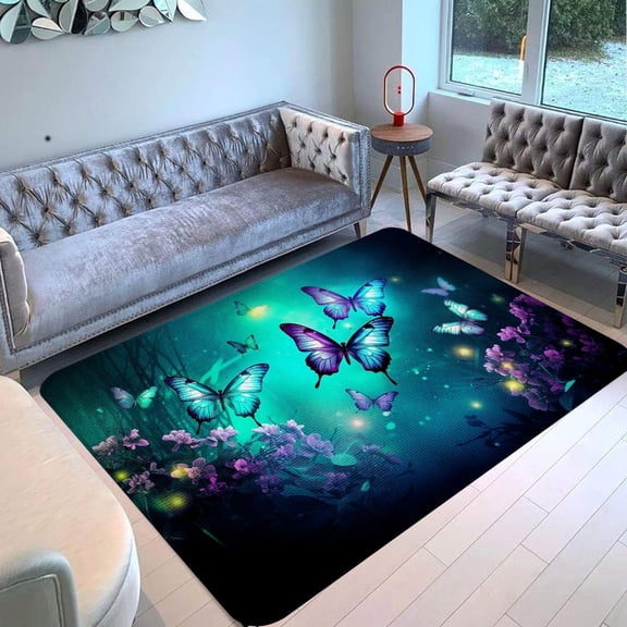 Purple Butterfly Area Rug Rectangle Area Rug, Indoor Floor Carpet for Bedroom & Lounge, Machine Washable, Easy Care, Cozy Aesthetic Home Décor, Soft Plush Touch, Skin‑friendly