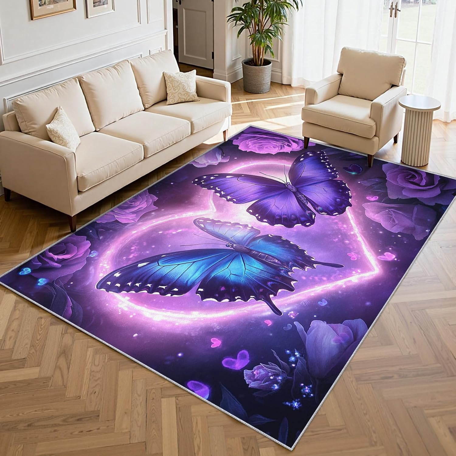 Purple Butterfly Area Rugs, Rose Flower Coquette Carpet, Washable Non ...