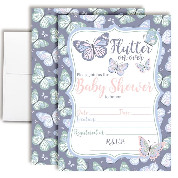 Purple Butterfly Baby Shower Invitations, 20 Fill-In Cards with Envelopes, 5x7 Baby Shower Invites & Supplies, New Baby Celebration Cards, Made in USA by Amanda Creation