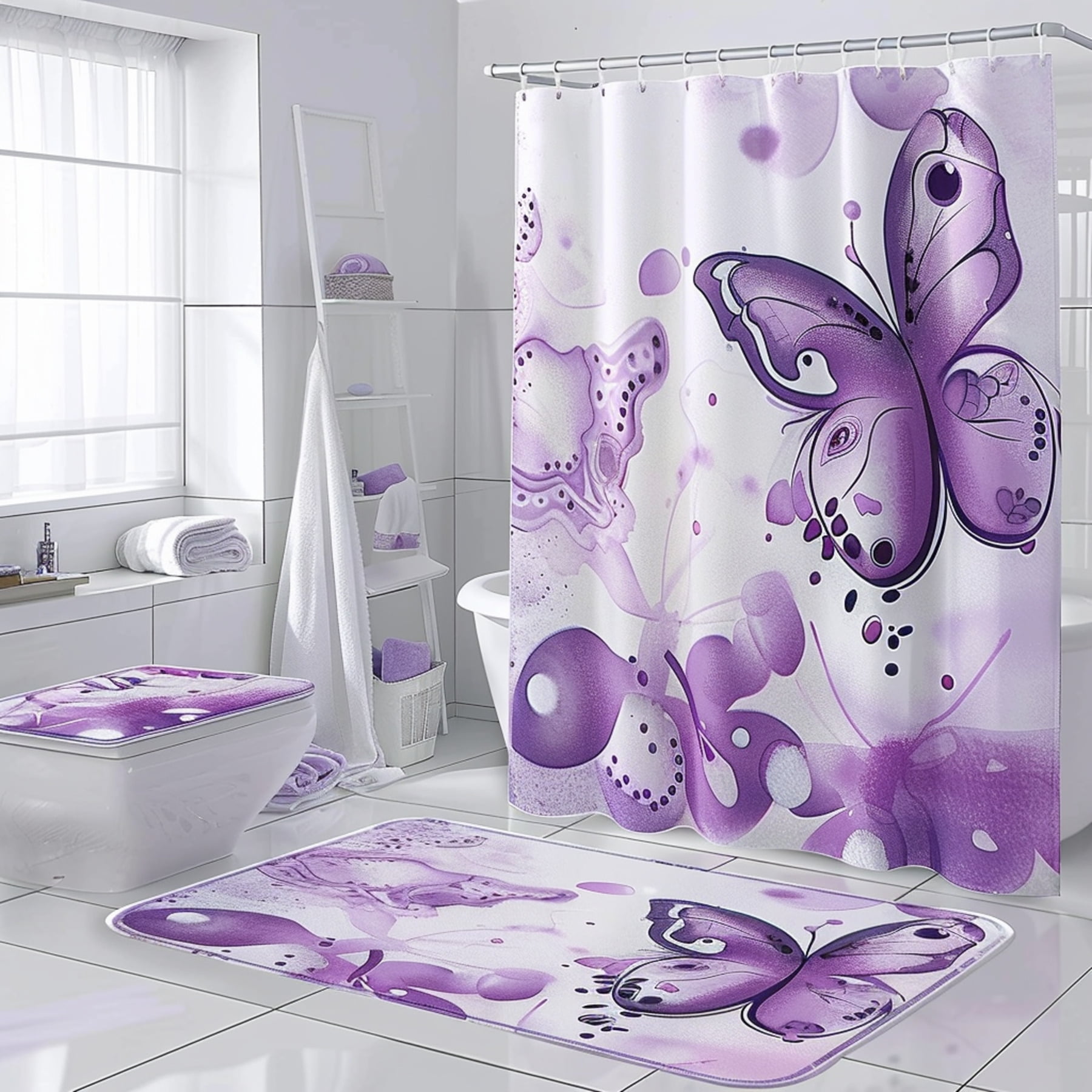 Purple Butterfly Bathroom Set Shower Curtain Wall Decor Elegant White