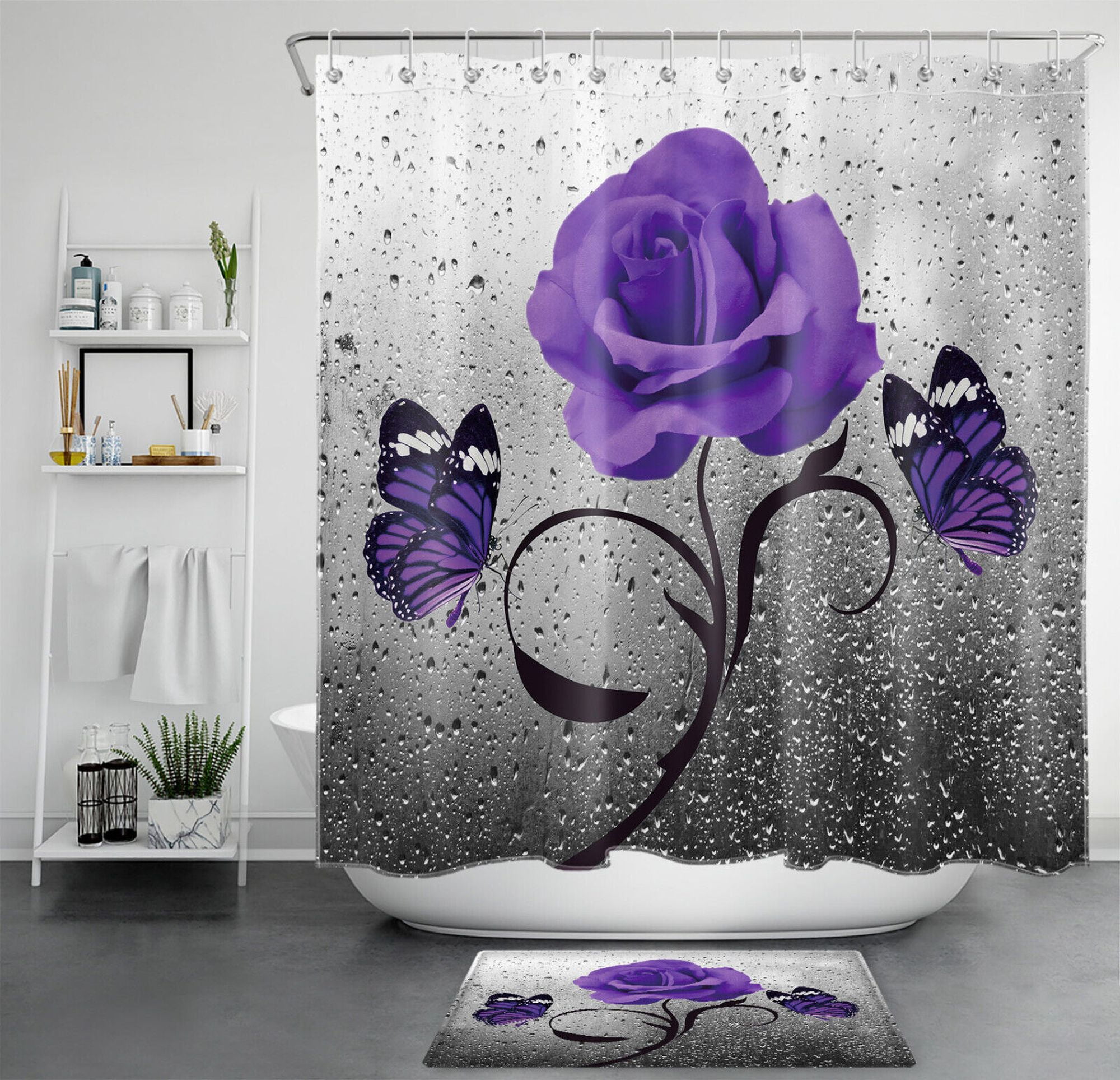 Purple Butterfly Beauty A Floral Shower Curtain with Delicate Rose