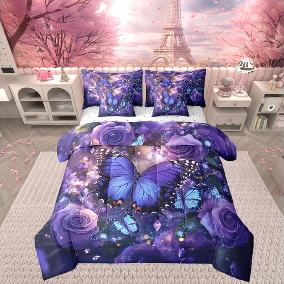 Purple Butterfly Bed In A Bag Queen Rose Flower Print Woman Adult Comforter Set,Galaxy Glitter Decor Bedding Set 7 Pieces,Floral Leaf Sheet Set