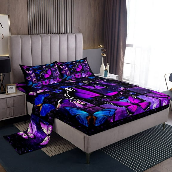 Purple Butterfly Bed Sheets Deep Pocket Full,Mystic Galaxy Bed Sheet Set Blue Butterfly Bedding Sets Teens Women,Psychedelic Starry Sky Fitted Sheet Aesthetics Flat Sheet 4Pcs