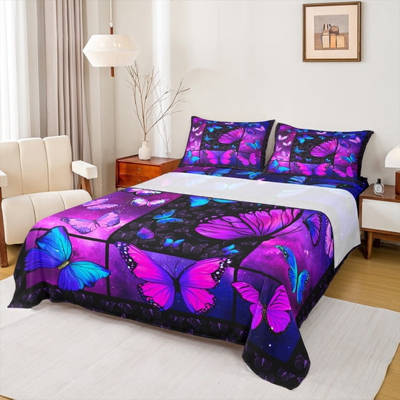Purple Butterfly Bed Sheets Deep Pocket Full,Mystic Galaxy Bed Sheet Set Blue Butterfly Bedding Sets Teens Women,Psychedelic Starry Sky Fitted Sheet Aesthetics Flat Sheet 4Pcs