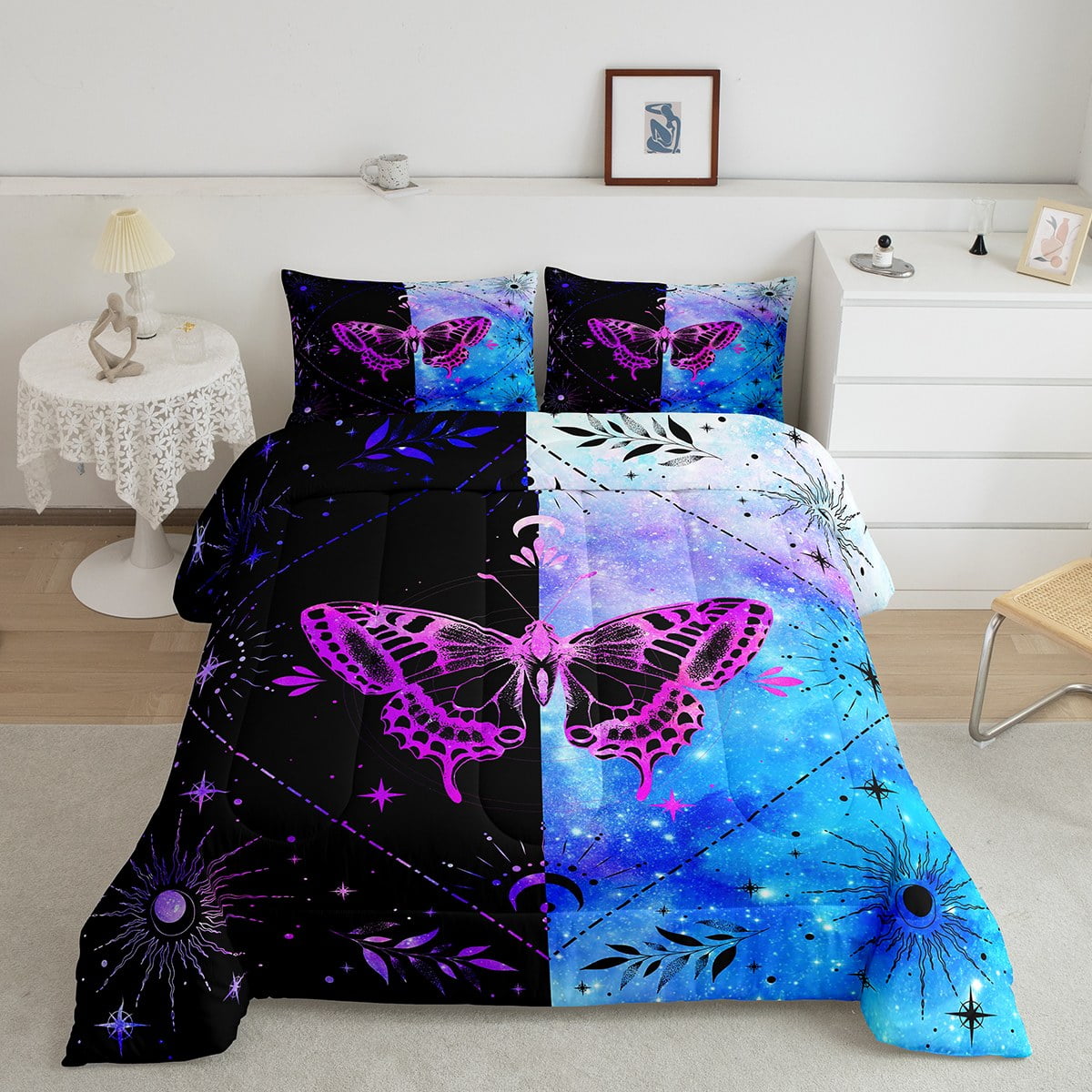 Purple Butterfly Bedding Celestial Moon Stars Comforter Set for Girls