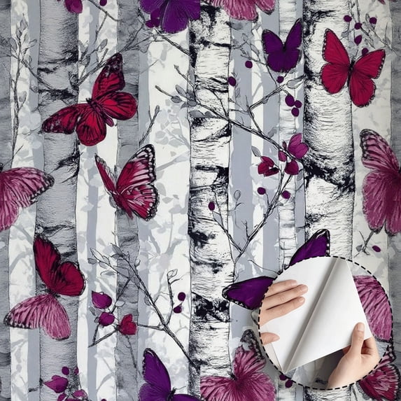 Purple Butterfly Birch Tree Wallpaper Modern Boho Peel and Stick Wallpaper Waterproof Wall Decoration for Bedroom Living Room Bathroom Rental Property 17.7 * 118 in Decor Vinyl Art