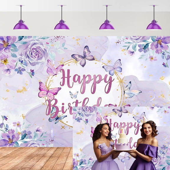 Purple Butterfly Birthday Backdrop for Girl, Purple Floral Butterfly Birthday Party Decorations Banner, Purple Flowers Butterfly Photography Background Photo Booth Props Decor,5X3ft