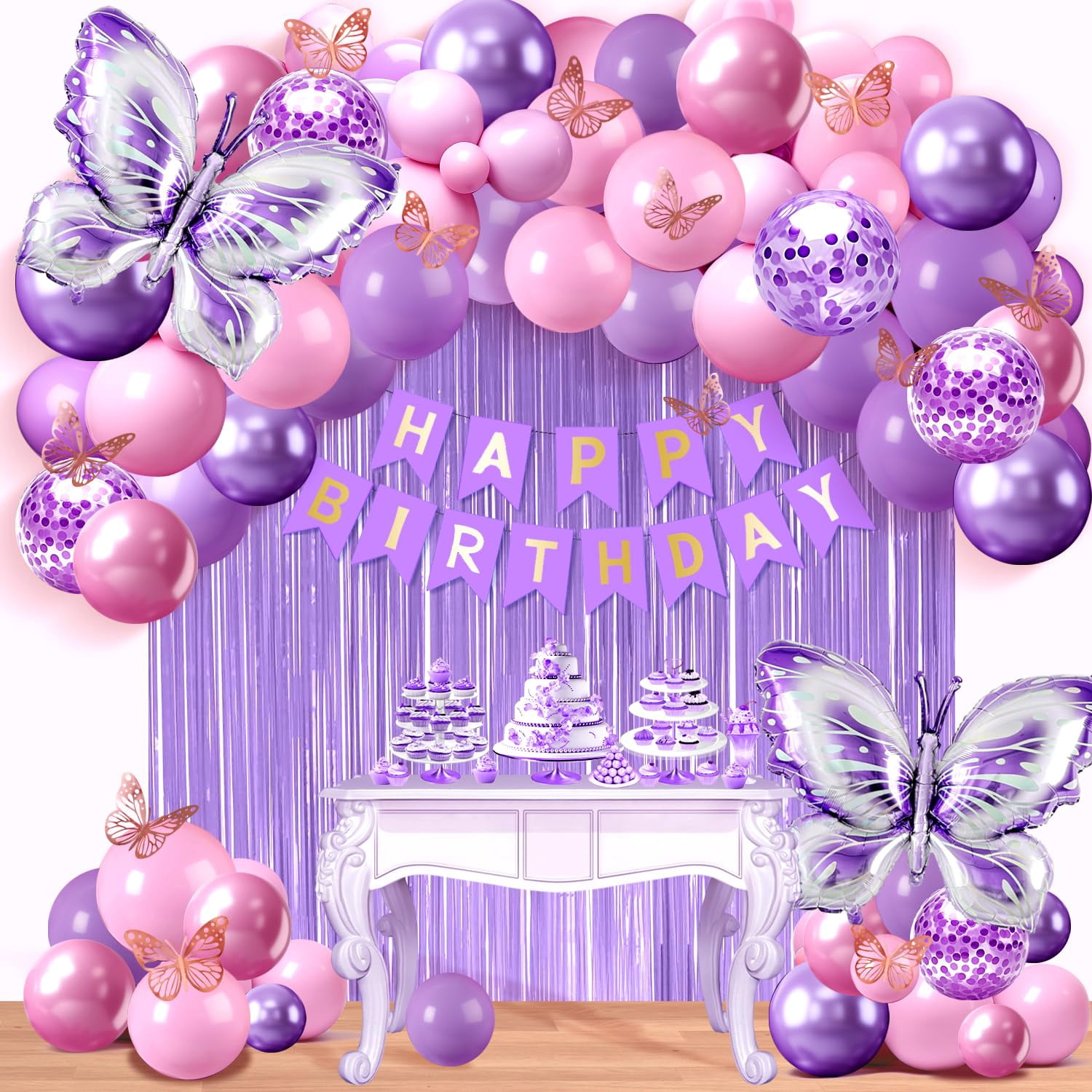 Butterfly Balloons 5th Birthday Decorations - Giant #5 & Foil Balloons, Pink Gradient, For Girls