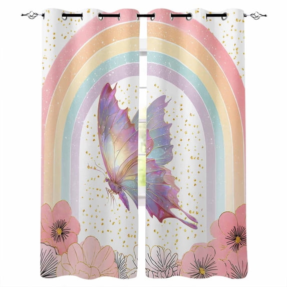 Purple Butterfly Blackout Curtains for Bedroom - 84 Inch Long Light Blocking 2 Panels Set, Cute Rainbow Spring Floral Botanical Thermal Insulated Living Room Drapes Grommet Window Curtains 52"x84"