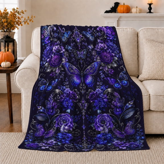 Purple Butterfly Botanical Garden, Festive Botanical Garden Scene, Warm Flannel Blanket for Sunroom and Reading Nook, Garden Lovers Housewarming Gift, Botanical Home Decor