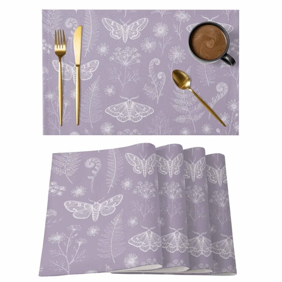 Purple Butterfly Botanical Placemats Set of 4 Summer Plants Line Art Place Mats Indoor Wipeable Table Mats Washable Cloth Dining Table Placemats for Kitchen Holiday Party Home Decor 13x19 Inch
