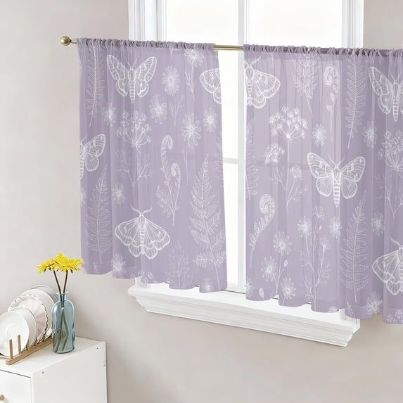 Purple Butterfly Botanical Semi Sheer Curtains 54 Inch Length 2 Panels Set, Summer Plants Line Art Sheer Kitchen Curtain Privacy Voile Window Curtain for Living Room Bedroom Rod Pocket Drapes