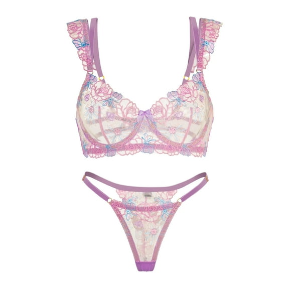 Purple Butterfly Bow Embroidered Flower Lingerie Set (PURPLE, 2XL )