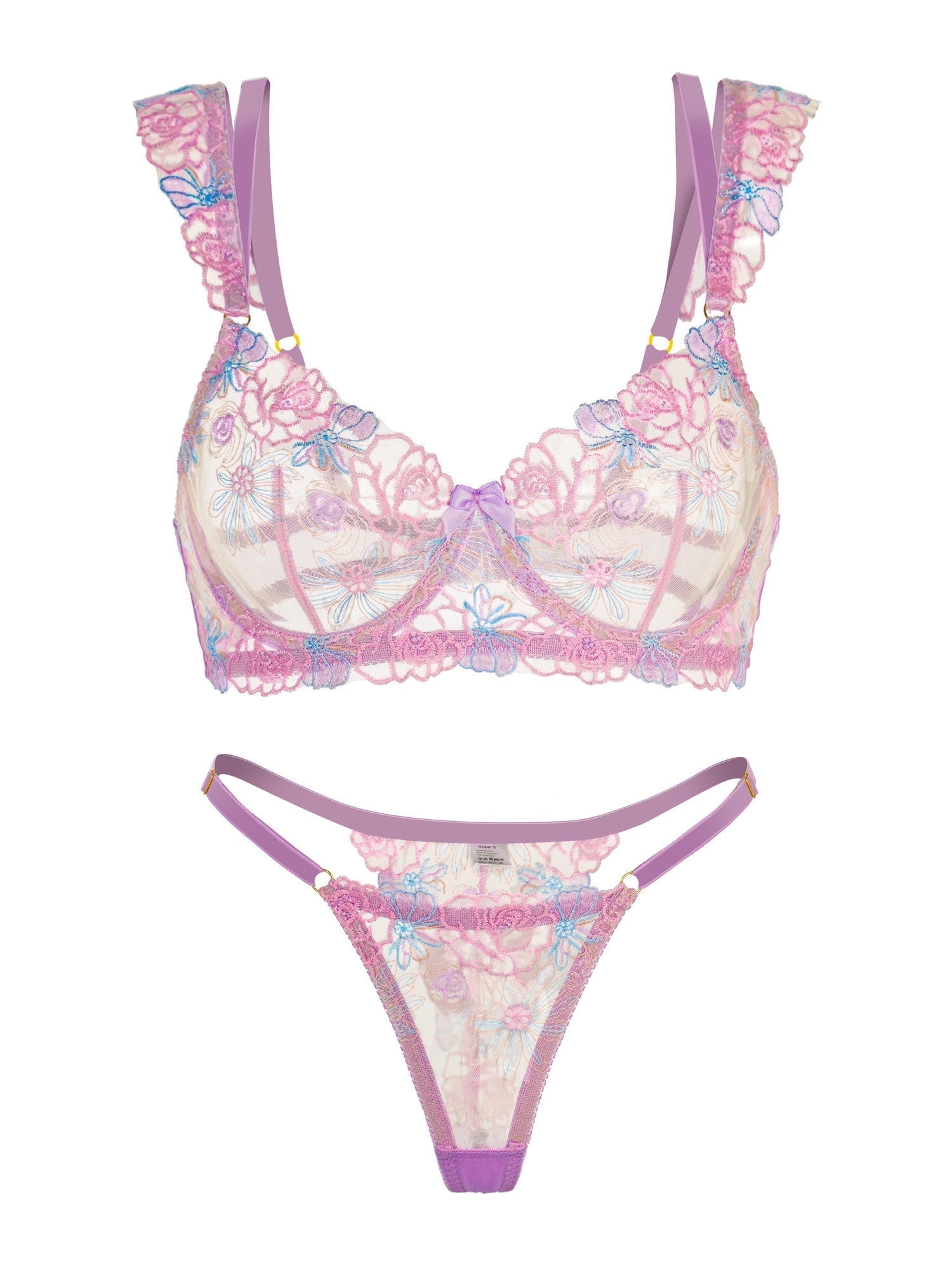 Purple Butterfly Bow Embroidered Flower Lingerie Set (PURPLE, 3XL+)
