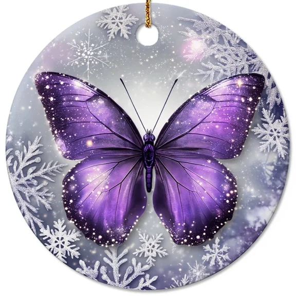 Purple Butterfly Christmas Ornaments Snowflake Keepsake Butterfly Lover Gift 2D FLAT CIRCLE Ceramic Ornament