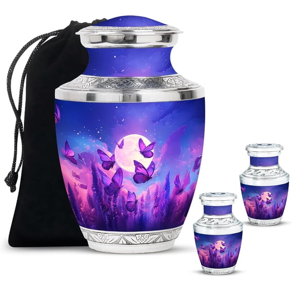Purple Butterfly Cremation Urn, Urn for Human Ashes Adult Female, Beautiful Small and Large Ash Urns, Memorial Keepsake Urns for Ashes (Size, 10 Inch & 3 Inch, 3 Pcs)