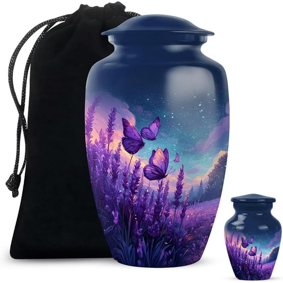 Purple Butterfly Cremation Urns for Adults Male & Female - Urn for Human Ashes - Large Urn for Male & Female - Mini Keepsake Urns for Mom Ashes - Size 10 Inch & 3 Inch Pack of 2