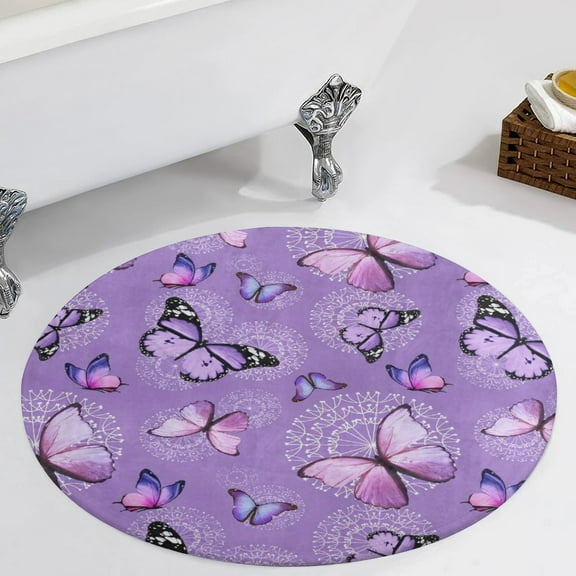 Purple Butterfly Dandelion Round Carpet Circle Rug Outdoor Patio Area Rug Washable Large Area Rugs Hallway Room Decor Fitness Mats
