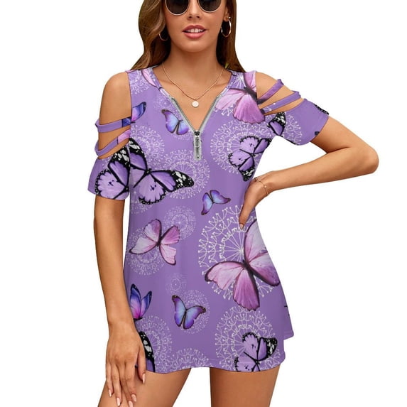 Purple Butterfly Dandelion Womens Summer V Neck Zipper Top Short Sleeve T Shirt Off Shoulder Top Casual Classy Loose Shirts