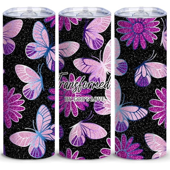 Purple Butterfly Decorations Gift for Women - God''s Love - 20oz Skinny Tumbler Reusable Stainless Steel Insulated Cup Coffee Mug with Lid for Hot & Cold Drinks