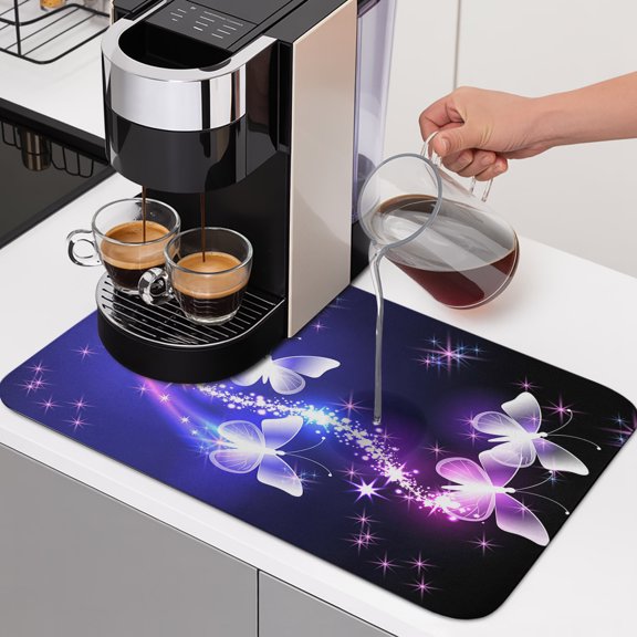 Purple Butterfly Dish Drying Mats for Kitchen Counter, Gradients Fantasy Shiny Absorbent Coffee Bar Mat with Non-slip Rubber Backed Quick Drying Dish Rack Pad 16"x18"