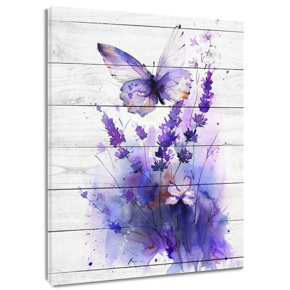 Purple Butterfly Floral Canvas Wall Art Decor Farmhouse Flower Buteerfly on Rural Wooden Board Wall Art Home Decor Framed Wall Art for Office Living Room Bedroom Easy to Hang