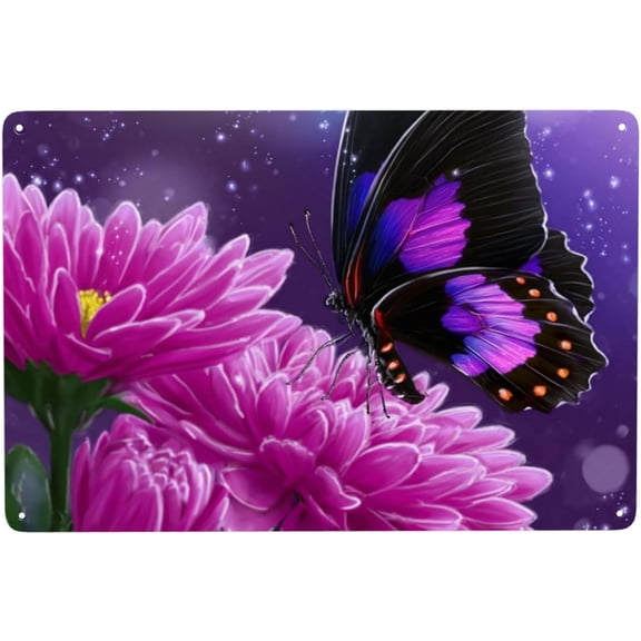 Purple Butterfly Floral Iron Hanging Picture 8x12 Inch Modern Round Metal Tin Sign Art Photo Frame Wall Decor for Home Bedroom