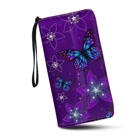 Purple Butterfly Floral Wristlet Clutch Cell Ph Wallet for Women PU Leather Card Holder Multi Card Organizer Wallets