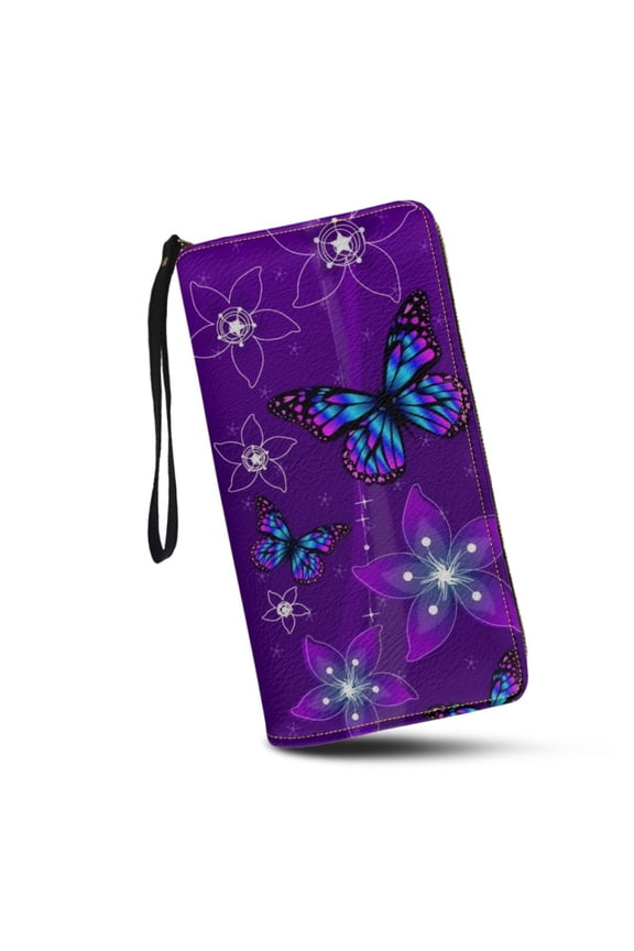 Purple Butterfly Floral Wristlet Clutch Cell Ph Wallet for Women PU Leather Card Holder Multi Card Organizer Wallets