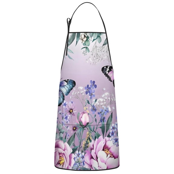 Purple Butterfly Flower Butterfly Pattern Apron-Garden Aprons for Women with Pockets-Cotton Linen Waterproof Kitchen Cooking Gardening Aprons Adjustable for Kitchen,Cooking,BBQ and Salon 33x27 Inch