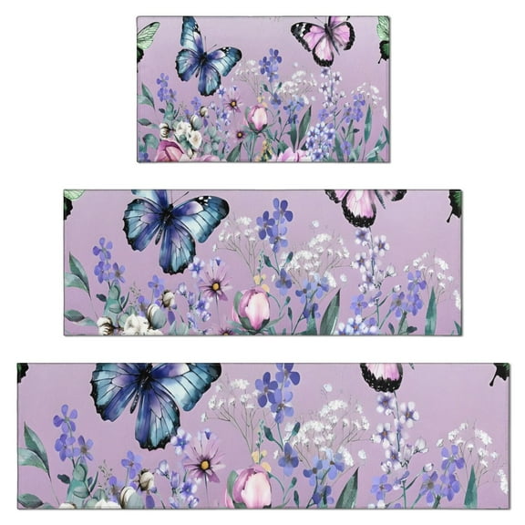 Purple Butterfly Flower Butterfly Pattern Kitchen Rugs Sets Of 3,Kitchen Runner Rugs Non Skid Washable,Decorative Kitchen Floor Mats for Kitchen,Sink,Laundry,17"x30"+ 17"x47" + 17"x59"