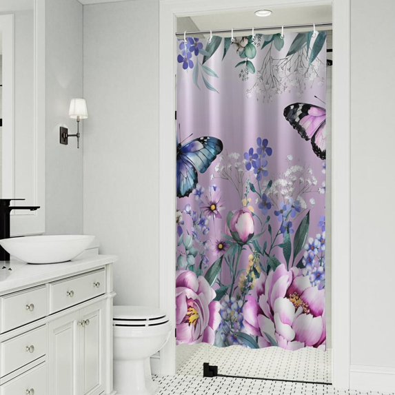 Purple Butterfly Flower Butterfly Pattern Shower Curtain 36"x72" ,Bathroom Decorative Shower Curtains Set with 12 Hooks,Modern Waterproof Washable Shower Curtain