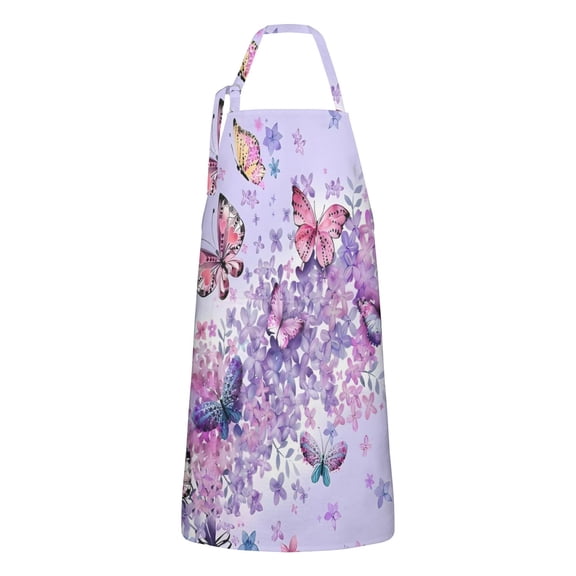 Purple Butterfly Flower Pattern Apron-Garden Aprons for Women with Pockets-Cotton Linen Waterproof Kitchen Cooking Gardening Aprons Adjustable for Kitchen,Cooking,BBQ and Salon 33x27 Inch