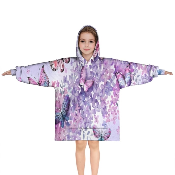 Purple Butterfly Flower Pattern Blanket Hoodies for Kids 6-13YR Oversize Wearable Blanket Hoodies for Boys Girls Teens