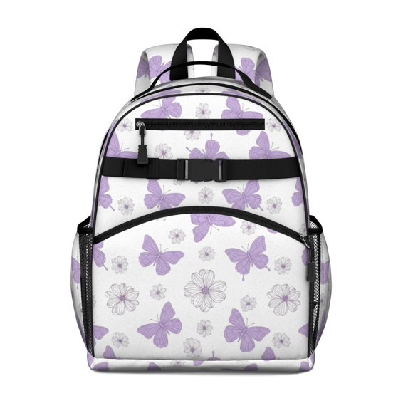 Purple Butterfly Flower Pattern Cute School Backpack Bag for School with Padded Back and Adjustable Shoulder Straps 15.25"x11.5"x5.25"