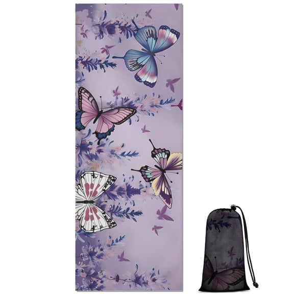 Purple Butterfly Flower Pattern Hot Yoga Mat Towel Non Slip for Hot Yoga - Quick-Drying Yoga Mat Cover with 4 Corner Pockets with Travel Bag - Hot Yoga Towel Non Slip 74"x26"
