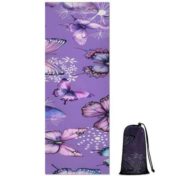 Purple Butterfly Flower Pattern Hot Yoga Mat Towel Non Slip for Hot Yoga - Quick-Drying Yoga Mat Cover with 4 Corner Pockets with Travel Bag - Hot Yoga Towel Non Slip 70"x26"