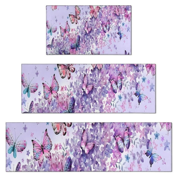 Purple Butterfly Flower Pattern Kitchen Rugs Sets Of 3,Kitchen Runner Rugs Non Skid Washable,Decorative Kitchen Floor Mats for Kitchen,Sink,Laundry,17"x30"+ 17"x47" + 17"x59"