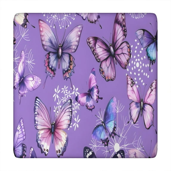 Purple Butterfly Flower Pattern Square Fitted Tablecloth with Elastic Edge,Square Table Cover,Washable Elastic Table Cover for Home Kitchen Party Decor 34"x34"